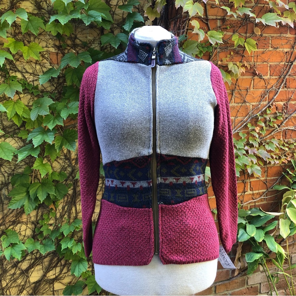 Zip Up Sweater Upcycled Gray Blue Burgundy Medium Fall Winter